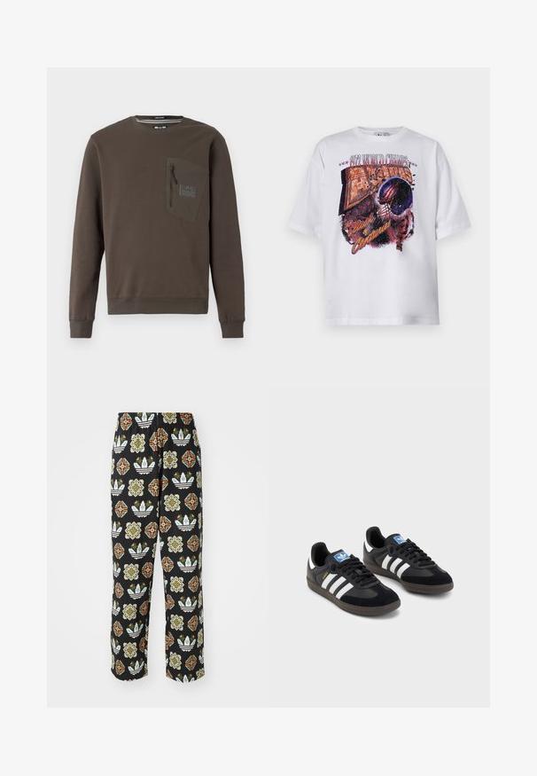 Smeđa dukserica s okruglim izrezom, dugim rukavima i džepom na zatvarač na prsima. Ima teksturiranu zakrpu te rebrasti rub i manšete.; Bijela pamučna majica kratkih rukava s višebojnim grafičkim otiskom nogometne kacige i natpisom "1972 SVJETSKI PRVACI."; Crne hlače s složenim uzorkom raznih oblika, uključujući cvjetne uzorke i pruge u narančastoj, zelenoj i bijeloj boji.; Crne tenisice s gornjim dijelom od antilopa i sintetičkog materijala, s tri bijele pruge, teksturiranom gumenom potplatom i plavom oznakom na jeziku.