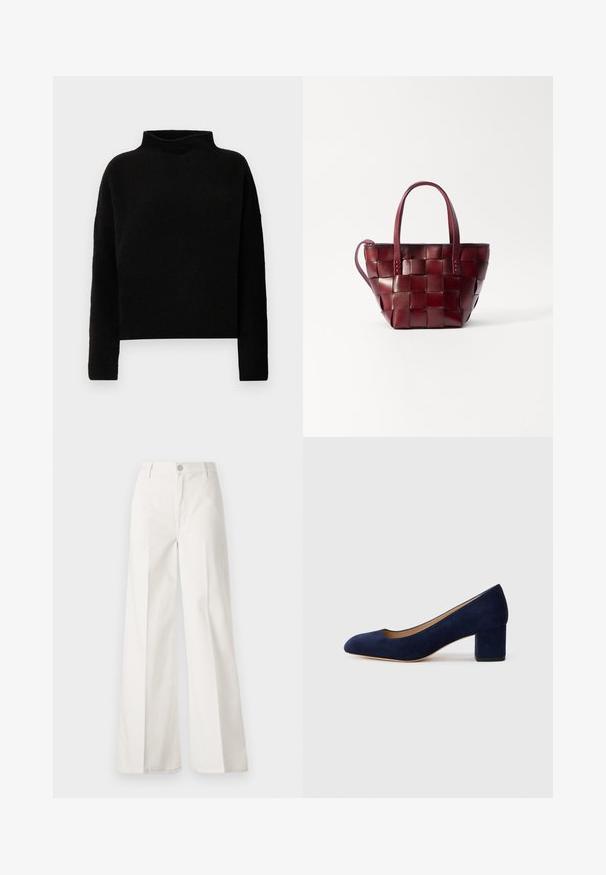 Black turtleneck sweater made from soft fabric, featuring long sleeves and a relaxed fit, with minimal seams and no visible embellishments.; White wide-leg trousers made from cotton with a smooth texture. Features a front button, zipper fly, and four-pocket design.; Navy blue suede pump with a pointed toe and a mid-height block heel. Smooth texture with a subtle sheen and a small cutout at the front.; Woven burgundy leather tote bag with two short handles and a detachable shoulder strap. Features a structured shape and smooth texture.