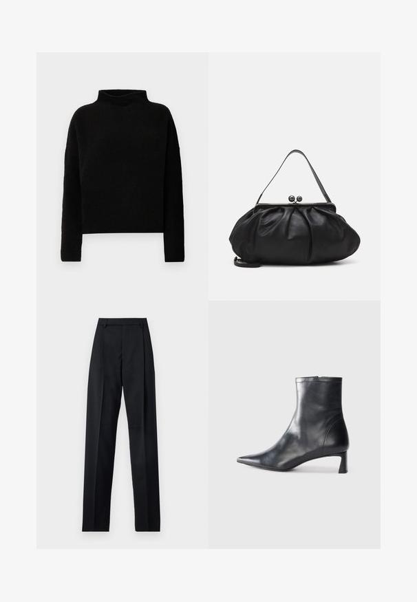 Fekete garbó pulóver, puha anyagból készült, hosszú ujjú, laza fit, minimális varrásokkal és látható díszítések nélkül.; Fekete nadrág sima anyagból, magas derékkal, széles lábakkal, elülső redőkkel és klasszikus övhurkokkal. Oldalzsebek nem láthatók.; Fekete bőr bokacsizma hegyes orral és letisztult dizájnnal. Alacsony sarka és hátsó cipzáras záródása van. Simának tűnő textúra.; Fekete bőr kézitáska lekerekített, pliszírozott dizájnnal. Fémes zárja két dekoratív golyóval és egy vékony, lecsatolható pánttal rendelkezik.