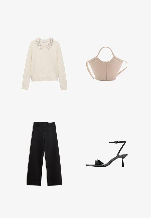 Cremefarbener Pullover mit weicher Textur, runder Kragen verziert mit silbernen Nieten und gerippten Bündchen und Saum.; Schwarze weit geschnittene Jeans mit hoher Taille, ausgestattet mit Vorder- und Hintertaschen, gesteppten Nähten und einem Knopfverschluss. Glatte Textur.; Bershka High Heel Sandalette - black; Beige Lederhandtasche mit einer einzigartigen Form, die zwei kurze Henkel und einen langen verstellbaren Riemen aufweist. Glatte Textur mit minimalen Hardware-Elementen.