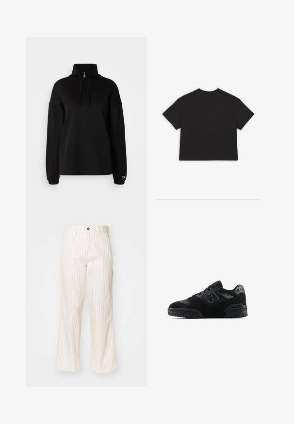 Champion ICONS HALF ZIP SMALL C LOGO - Felpa - black; T-shirt nera cropped, maniche corte, scollo a ciambella classico, realizzata in morbido cotone, design semplice senza motivi o dettagli.; Pantaloni a gamba larga in tessuto crema con sottili strisce verticali rosse. Caratterizzati da una chiusura con bottone e tasche frontali, con una texture liscia.; Sneaker nera bassa con suola testurizzata, design con lacci, pannelli in suede e accenti a motivo sul tallone e sul logo laterale.