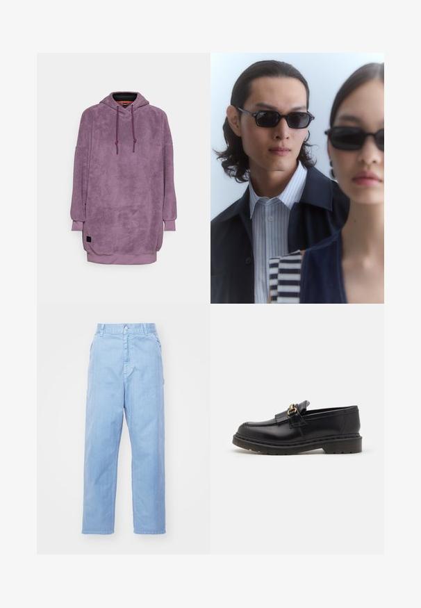 Felpa in pile viola con finitura testurizzata, forma oversize, cappuccio regolabile con coulisse, polsini a costine e una patch con logo vicino all'orlo.; Pantaloni in denim azzurro chiaro con design a gamba dritta, chiusura con bottone e tasche frontali. Il tessuto ha una sottile texture con una finitura liscia.; Mocassini in pelle nera con punta tonda, frange decorative e dettagli in oro. Suola in gomma spessa per maggiore aderenza e durata.; Occhiali da sole neri con montatura angolare indossati da un uomo e una donna. L'uomo ha una camicia a righe blu e bianche sotto una giacca scura; la donna indossa un top scuro e a fantasia.