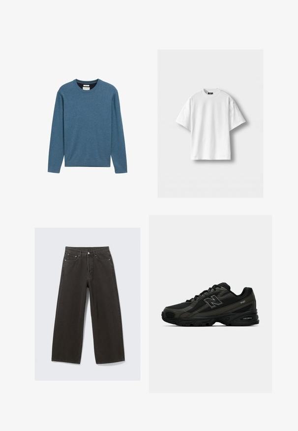 Blauwe crewneck sweatshirt van zachte katoen, met lange mouwen, geribde manchetten en onderrand, en een klein logo-detail aan de voorkant.; Witte katoenen T-shirt met korte mouwen, een ronde hals en een ontspannen pasvorm. Gladde textuur, zonder patronen of accenten.; Wijdbenige zwarte denim jeans hebben een hoge taille, vijf zakken en een knoopsluiting. De stof heeft een zachte, gestructureerde afwerking.; Zwarte sportieve schoenen met een gestructureerde synthetische bovenkant, uitgerust met een gevoerde zool en een opvallend "N"-logo aan de zijkant. Het ontwerp bevat lichte mesh-secties.