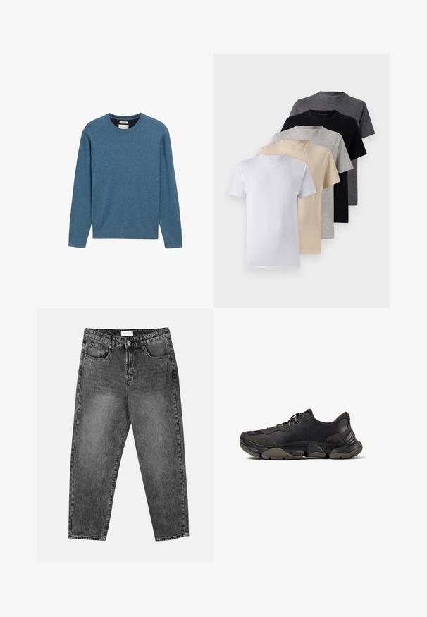 Sudadera azul de cuello redondo hecha de algodón suave, con mangas largas, puños y dobladillo acanalados, y un pequeño detalle de logo en la parte frontal.; Conjunto de cinco camisetas de manga corta en blanco, beige, gris claro, gris oscuro y negro. Hechas de algodón suave, con un diseño de cuello redondo.; Jeans de pernera recta en lavado negro con bolsillos delanteros y traseros, trabillas para cinturón y cierre de botón en la cintura.; Zapatilla deportiva negra con suela texturizada, parte superior de cuero y gamuza, cuello acolchado y cierre con cordones, mostrada en perfil lateral.
