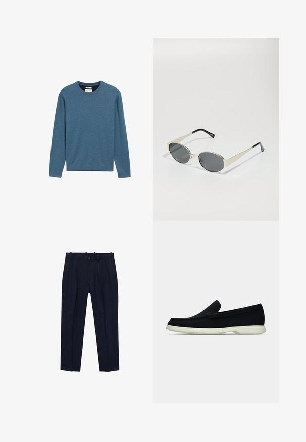 Blauwe crewneck sweatshirt van zachte katoen, met lange mouwen, geribde manchetten en onderrand, en een klein logo-detail aan de voorkant.; Maritieme broek van gladde stof, met een iets getailleerde pasvorm, voorplooien, riemlussen en een enkel knoopsluiting.; Zwarte instapper met een ronde neus, voorzien van een textuur bovenwerk, gladde witte zool en subtiele merktekens aan de zijkant.; Zonnebril met ovale grijze lenzen, zilveren metalen frame en zwarte accenten op de pootjes. Beschikt over een strak ontwerp en minimale hardware.