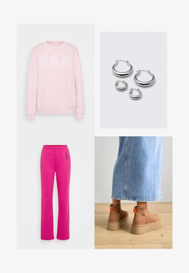 Sweatshirt rosa claro com o texto branco "GAP", gola redonda, mangas longas, punhos e barra ribados. Textura de tecido suave.; Calças de treino cor-de-rosa com cintura elástica, corte de perna straight e grande logótipo impresso "G" na coxa esquerda. Tecido macio de mistura de algodão.; Botas plataforma em camurça castanha com painéis laterais elásticos e puxadores laranja, combinadas com uma saia de ganga clara até ao joelho, em um chão de madeira.; Quatro pares de brincos de argola em prata em tamanhos variados: grandes círculos lisos e estilos arredondados menores com um acabamento polido e fechos simples.