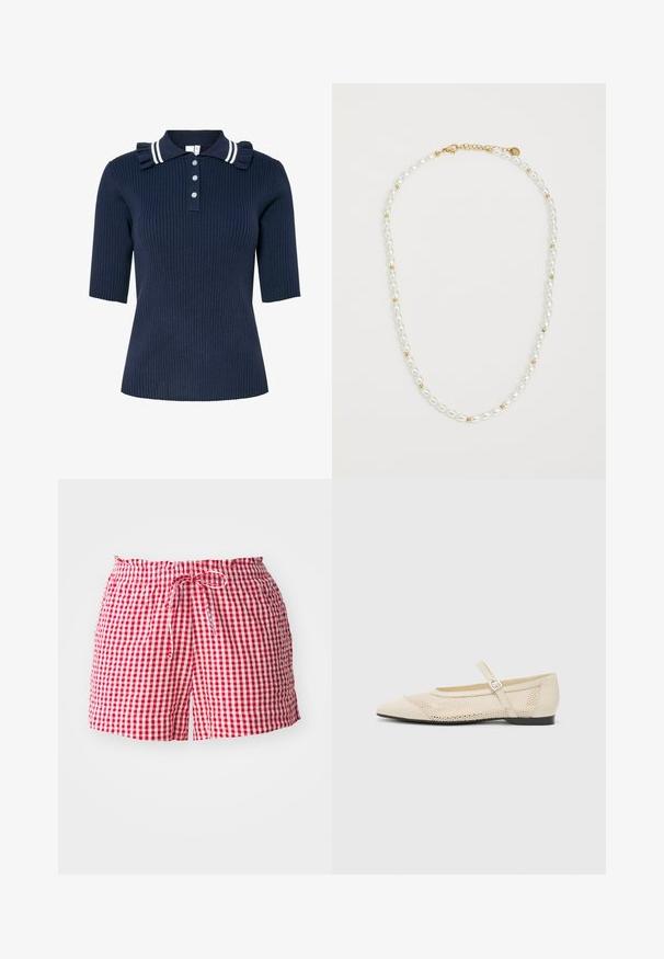 Morska rebrasta polo majica kratkih rukava s bijelim prugastim ovratnikom, detaljima volana na ramenima i tri gumba sprijeda.; Bluza s kariranim uzorkom u crvenoj i bijeloj boji, s napuhanim rukavima, detaljem za vezanje na vratu i peplum rubom. Izrađena od lagane tkanine.; Crvene i bijele karirane kratke hlače s elastičnim pojasom i vezicom, izrađene od laganog materijala i ležernog kroja.; Bež baletanke s izrezanim vrhom, mrežastim dizajnom preko i kopčom sa strane. Ravni potplat s glatkom teksturom.; Narukvica od bisera sizmom bijelih ovalnih bisera i malih zlatnih perlica, s zlatnom kopčom za zatvaranje. Glatka tekstura ukupno.