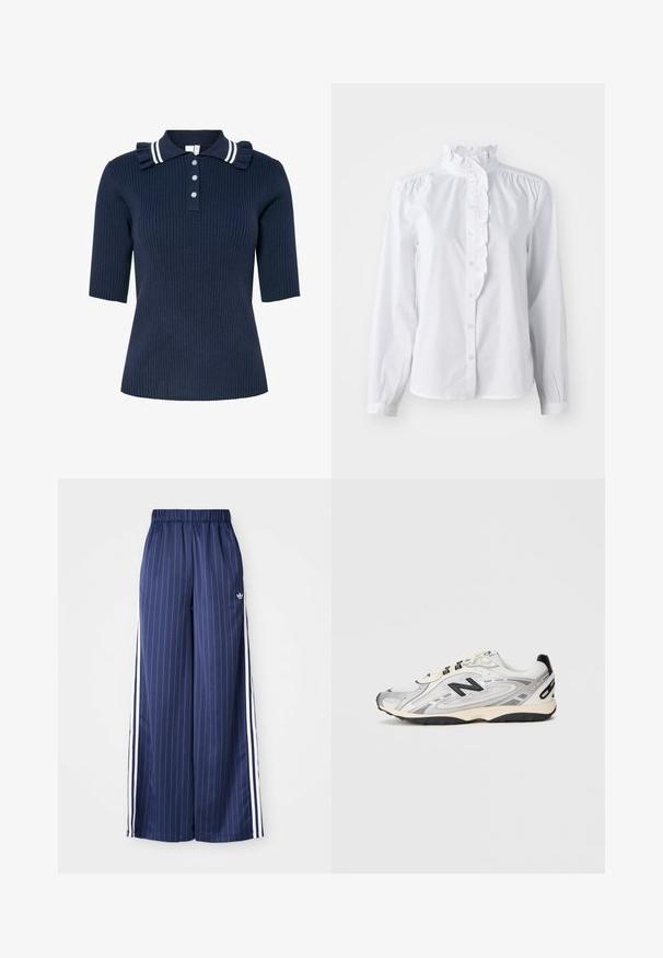 Tumes ribadeega lühikese varrukaga polo-särk, millel on valged triibud krae ümber, õlavarreline lõhik ja kolm esimest nööpi.; Valge nööpidega särk pika varrukaga, volangiga kõrge krae ja vertikaalne volangide aksent ees. Kerge puuvillane kangas.; Tumedate sinised laiad püksid, millel on vertikaalsed valged triibud, elastne vöökoht ja kolm valget triipu igal küljel, valmistatud kergest materjalist.; Hallux ja valge spordijalats, millel on ümar varvas, võrgumaterjal ja sünteetilised materjalid, mustad detailid ja tekstuuriga kummipohja.