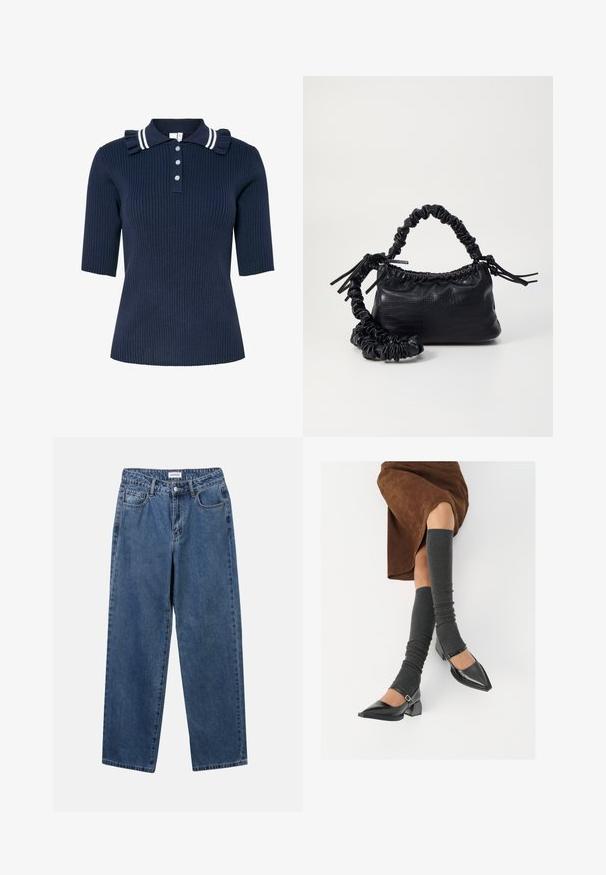 Navy ribbed short-sleeve polo shirt with white-striped collar, ruffle details on shoulders, and three front buttons.; Classic blue denim jeans with a straight-leg design, five pockets, and a button closure. Features a medium wash and sturdy texture.; Black patent leather pointed-toe shoes with a block heel and ankle strap, paired with gray ribbed leg warmers and a brown suede skirt.; Black faux leather handbag with a crocodile texture, cinched top, and a scrunched strap. Appears soft and compact in design.