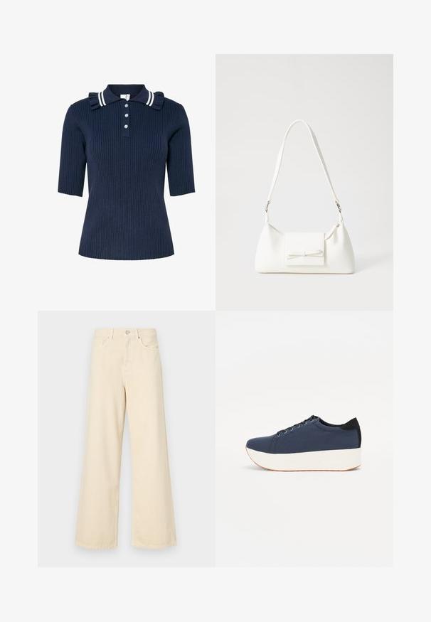Polo cu mânecă scurtă, bleumarin, cu guler cu dungi albe, detalii cu volane pe umeri și trei nasturi în față.; Blugi bej cu croi larg, din bumbac. Au închidere cu nasture, bucle pentru curea și buzunare frontale, cu o textură netedă și moale.; Sneaker albastru închis, cu un material texturat pe partea superioară, talpă platformă albă, vârf rotunjit și accent de călcâi negru. Dispune de șase găuri pentru șireturi.; Geantă sintetică albă, cu formă triangulară, capac frontal plat și detaliu cu fundă, curea ajustabilă, textură netedă și design minimalist.