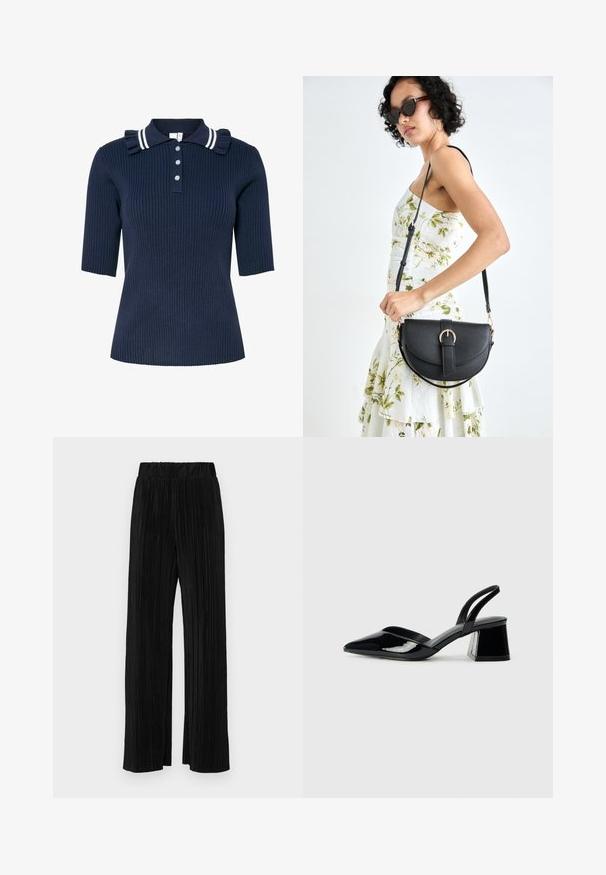Marineblaues, geripptes Polohemd mit kurzen Ärmeln, weiß gestreiftem Kragen, Rüschendetails an den Schultern und drei vorderen Knöpfen.; Schwarze plissierte Hose mit elastischem Bund. Verfügt über weite Hosenbeine und einen glatten, strukturierten Stoff mit vertikalen Streifen.; Schwarze Lackleder-Slingback-High Heels mit spitzem Schuh und einem geometrischen Blockabsatz. Verfügt über ein schlankes, minimalistisches Design und eine glatte Textur.; Schwarze Lederhandtasche mit geschwungener Form, abnehmbarem Tragegurt und goldenen Beschlägen. Die Tasche verfügt über einen Deckel mit einer Schnallen-Details.