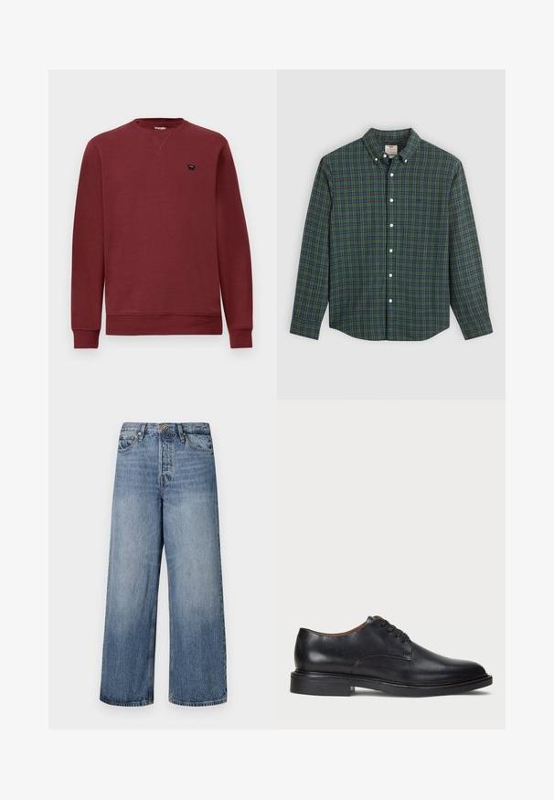 Felpa bordeaux con scollo tondo, maniche lunghe, polsini e orlo a costine. Presenta un piccolo logo nero sul lato sinistro del petto.; Camicia a maniche lunghe con motivo a quadri verde, blu e giallo, bottoni bianchi e colletto abbottonato.; Jeans in denim blu a gamba larga con lavaggio sbiadito, design a cinque tasche e chiusura con bottone. Dotati di passanti per cintura e dettagli cuciti.; Scarpa da uomo in pelle nera con punta rotonda, design con lacci e tacco basso impilato. Texture liscia con dettagli di cucitura minimi.