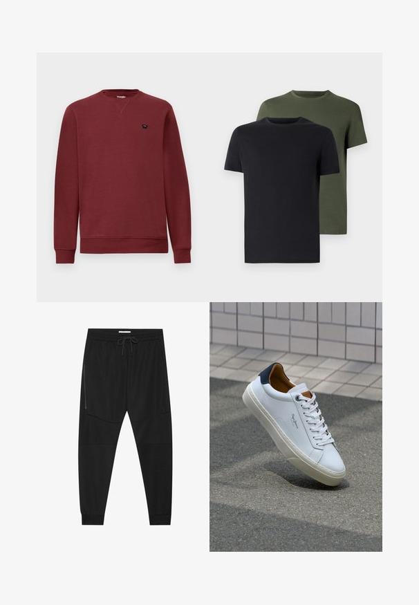 Burgundyröd sweatshirt med rund halsringning, långärmar, ribbade ärmslut och nederkant. Har en liten svart logotyp på vänster bröst.; Två crew-neck t-shirts i svart och olivgrön, tillverkade av mjukt bomullstyg. Designen är enkel med korta ärmar och rak passform.; Svarta träningsbyxor i texturerad tyg, med justerbart midjeband, ficka med dragkedja på sidan och avsmalnande muddar.; Vita lädersneakers med en marinblå häl, rund tå och kontrasterande bruna detaljer. Har plana snören och en texturerad gummisula.