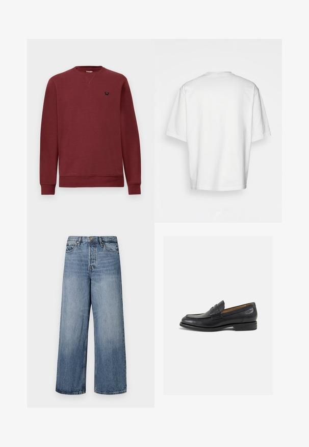 Sudadera burdeos con cuello redondo, mangas largas, puños y dobladillo de canalé. Presenta un pequeño logo negro en el lado izquierdo del pecho.; Camiseta blanca de manga corta, corte holgado, cuello redondo, tela de algodón suave, parte posterior sin adornos, dobladillo recto, sin patrones ni acentos.; Jeans de denim azul de pierna ancha con un lavado descolorido, diseño de cinco bolsillos y cierre de botón. Equipados con trabillas y detalles de costura.; Mocasines de cuero negro con un acabado suave, punta redondeada y costuras decorativas en la parte superior. Tacón bajo apilado y un ligero brillo.