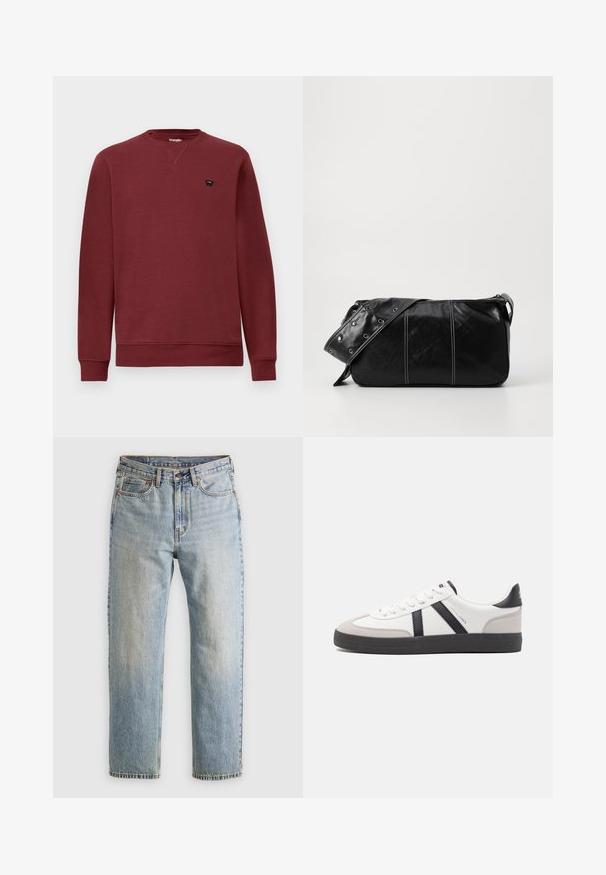 Burgundská mikina s okrúhlym výstrihom, dlhými rukávmi, rebrovanými manžetami a lemom. Obsahuje malé čierne logo na ľavej hrudi.; Svetlomodré džínsy s vysokým pásom, predným gombíkom, zipsom a dizajnom s piatimi vreckami, rozložené na neutrálnom pozadí.; Biele tenisky s čiernymi a šedými akcentmi, s textúrovanou šedou špičkou, čiernou gumovou podrážkou a plochými bielymi šnúrkami. Čistý dizajn, minimalistický štýl.; Čierna kožená kabelka cez plece so zipsovým uzáverom, so štruktúrovaným telom, bielym prešívaním a popruhom so striebornými očkami.