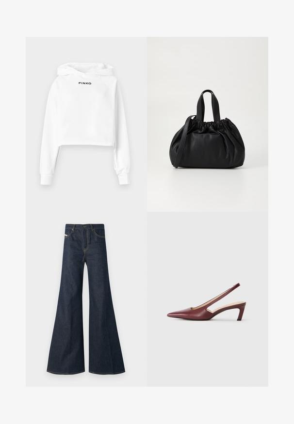 Valge lühike kapuutsiga dressipluus, millel on ees must "PINKO" brändilogoga. Valmistatud siledast kangast ja on lõdva lõikega.; Tumedat sinavad teksad, mille sirge lõige, kõrge vöökoht, kuldne tikand ja kaks esitaskut nupuga.; Burgundy slingback kontsad, millepunktse varbaga, külgedel lõike üksikasjadega ja kesk kõrgusega plokknina. Sile nahkviimistlus.; Mustmust mustkott mustrihmaga ülaosa disainiga, millel on kaks lühikest käepidet ja pikk reguleeritav rihm. Sile tekstuur, ümar kuju.