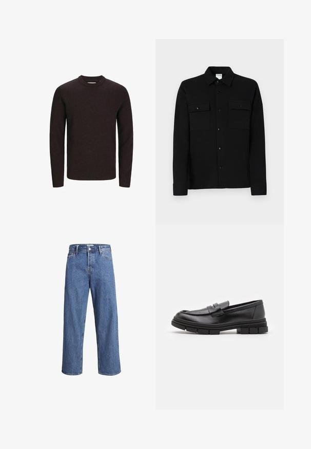 Maglione marrone a girocollo realizzato in morbido tessuto knit. Presenta maniche lunghe e orlo e polsini ribattuti per una vestibilità aderente. Design semplice e monocolore.; Camicia nera con bottoni, realizzata in tessuto liscio, dotata di due tasche sul petto, colletto a punta e polsini con bottoni. Design semplice con dettagli minimi.; Jeans in denim blu chiaro con una vestibilità dritta, vita alta e dettagli di cucitura minimi. Il tessuto ha una texture morbida e leggermente sbiadita.; Mocassini in pelle nera con finitura liscia, dotati di un dettaglio di cinturino anteriore e di una suola in gomma spessa con accenti scanalati.