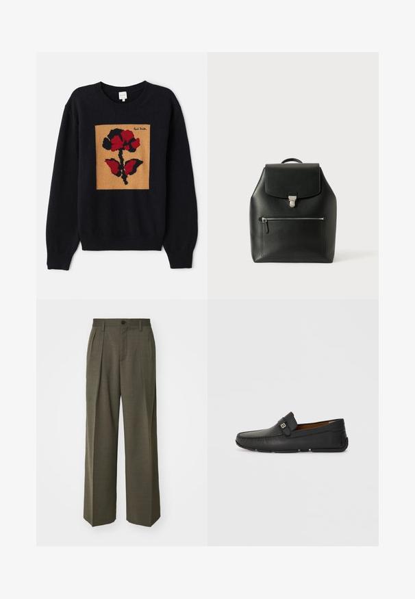 Fekete kötött pulóver, piros és fekete virágmintával egy bézs négyzeten. Részletezi bordás mandzsettával és nyakkal. A márkajelzés látható.; Filippa K WIDE TROUSERS - Nadrágok - driftwood; Fekete bőr mokaszinszerű cipő, kerek orral, varrott részletekkel és díszes pánttal. Rugalmas talp a kényelem érdekében.; Fekete bőr hátizsák, fedélzáras, ezüstszínű kiegészítőkkel, elülső cipzáras zsebbel és texturált felülettel.