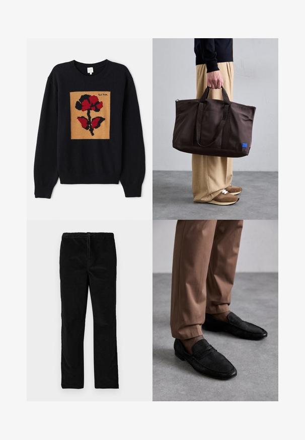 Adīts melns džemperis ar ziedu motīvu sarkanā un melnā krāsā uz gaiši brūna kvadrāta. Iekļauts ribots piedurkņu un kakla dizains. Redzama zīmola etiķete.; Melnas taisnas kājas samta bikses ar elastīgu jostasvietu un priekšējo auklu, attēlotas uz vienkārša balta fona.; Melnas loaferes ar teksturētu rakstu, ar noapaļotu purngalu un zemu profilu. Apvienotas ar brūnām biksēm uz pelēka virsmas.; Brūns neilona iepirkumu soma ar divām rokturiem, ar rāvējslēdzēju aizvēršanu un zilu logotipa uzlīmi. Gluda tekstūra, strukturēts dizains, plašs iekšējais nodalījums.