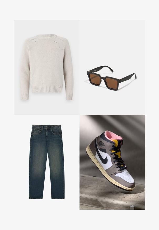 Hellbeige gestrickter Pullover mit rundem Ausschnitt, langen Ärmeln und abgetragenen Details auf der Vorderseite und am Saum. Strukturierte Rippbündchen.; Dunkelblaue Denim-Jeans mit geradem Schnitt, fünf Taschen-Design und leichter Waschung an den Beinen. Geeignet für legere Anlässe.; Hohe Nike Air Jordan Sneaker in Weiß, Grau und Schwarz mit pinkem Innenfutter und gelber Zunge, auf einer Betontfläche platziert.; Schwarze quadratische Sonnenbrillen mit braunen Gläsern, mattem Finish und goldenen Akzenten im Rahmen. Das Design ist kantig mit breiten Bügeln.; Rechteckige Casio-Uhr mit weißem Zifferblatt, goldenen Akzenten, römischen Ziffern und einem braunen Lederarmband im Krokodil-Muster. Wasserdichtes Design.