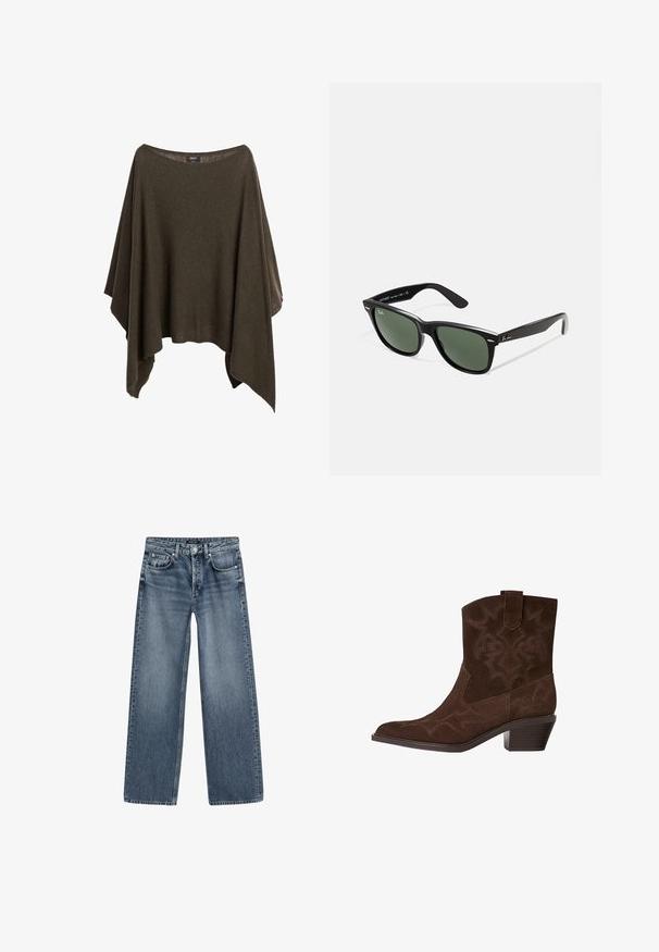 Olivengrüner Poncho aus weichem Stoff, mit weitem Ausschnitt, lockerer Passform und asymmetrischem Saum für einen entspannten Fall.; Dunkelgrünes, geripptes T-Shirt mit kurzen Ärmeln, rundem Ausschnitt und einer fünfknöpfigen Leiste vorne. Weiche Textur und minimalistisches Design.; Hochtaillierte, weite Jeans aus mittlerem blauen Denim mit einem verblassten Finish, Fünf-Taschen-Design und silberfarbener Knopfverschluss.; Braune Wildleder-Cowboy-Stiefel mit spitzem Zeh, dekorativen Stickmustern, Knöchelhöhe und gestapeltem Absatz. Mit einer Zuglasche für einfaches An- und Ausziehen.; Schwarze Plastiksonnenbrille mit grünen Gläsern, quadratischen Rahmen, silbernem Akzent auf der Augenbraue und strukturierten Bügeln. Angegebene Marke auf dem inneren Bügel.
