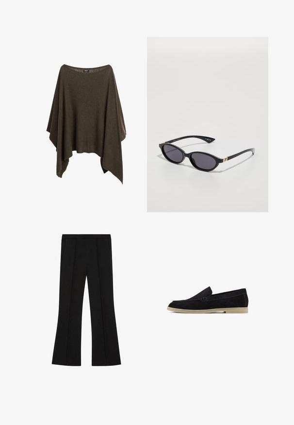 Olive green poncho made of soft fabric, featuring a wide neckline, loose fit, and asymmetrical hem for a relaxed drape.; Black tailored trousers with a high waist, front pleats, side pockets, and a slight flare at the legs.; Black suede loafers with a flat beige sole, featuring a stitched design and a sleek slip-on style, suitable for casual wear.; Black sunglasses with oval lenses, dark gradient tint, and slim arms featuring subtle gold accents. Smooth plastic finish.; Brown suede shoulder bag with a soft texture, curved shape, and two handles. Features a minimal design with no visible hardware or accents.