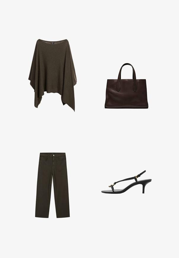 Olijfgroene poncho van zacht materiaal, met een brede halslijn, een losse fit en een asymmetrische zoom voor een ontspannen drape.; Donkergroene wijde jeans van een katoenmix, met een sluiting met een voorste knop, vijf zakken en klassieke denimstiksels.; Zwarte leren kitten heel sandaal met dunne banden, gouden gesp en minimalistische teenlus op een witte achtergrond.; Bruine leren tote bag met twee verlengde handvatten, gestructureerde rechthoekige vorm, gladde textuur en subtiele stiksels.