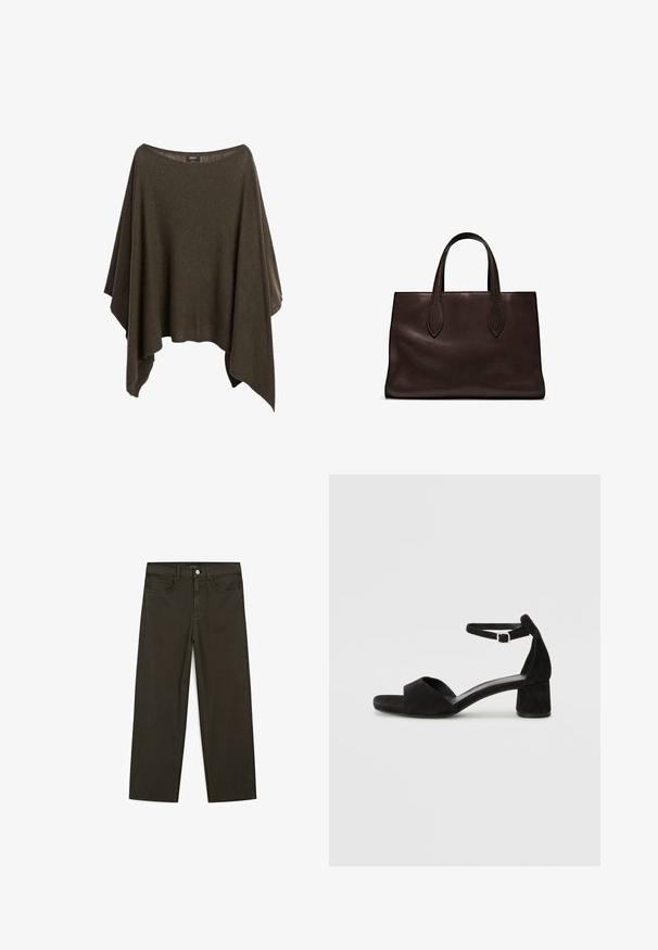 Olijfgroene poncho van zacht materiaal, met een brede halslijn, een losse fit en een asymmetrische zoom voor een ontspannen drape.; Donkergroene wijde jeans van een katoenmix, met een sluiting met een voorste knop, vijf zakken en klassieke denimstiksels.; Zwarte suede hakken met een dunne enkelband, open teen ontwerp en een bescheiden blokhak. Zachte textuur en minimale accenten.; Bruine leren tote bag met twee verlengde handvatten, gestructureerde rechthoekige vorm, gladde textuur en subtiele stiksels.