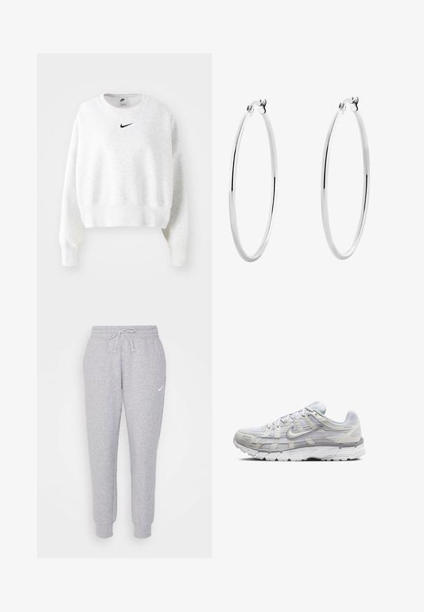 Lys grå sweatshirt laget av myk stoff med rund hals, lange ermer, og en svart Nike-logo på brystet. Kuttet design.; Lysegrå collegebukser med snor i livet, smalnede ben og en liten hvit logo på venstre lår. Laget av et mykt, teksturert stoff.; Lys grå sportsko med overdel i mesh og syntetisk materiale, med snøring, polstret krave og strukturert såle for grep.; Sølv ringøredobber med en glatt, polert overflate og en tynn, sirkulær form. Designet har en sikker clasp.