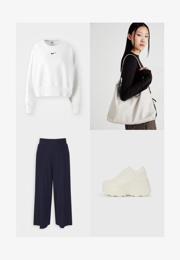 Világosszürke, puha anyagból készült pulóver, kerek nyakkivágással, hosszú ujjakkal és fekete Nike logóval a mellkasán. Rövid fazon.; Sötét kék anyagból készült, széles lábú nadrág, bordás textúrával. Simább derékrésszel és laza szabással rendelkezik, a vádli közepéig ér.; Fehér platform sportcipők, sima bőrszerű felsőrésszel, kerek formával, párnázott bokával és texturált gumitalppal, jól definiált mintázattal.; Puha anyagból készült bézs kézitáska, laza dizájnnal, varrott részletekkel és két vállpánttal. Mindennapi használatra alkalmas.