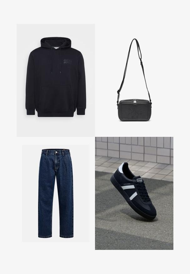 Felpa nera con cappuccio realizzata in misto cotone, dotata di tasca a marsupio frontale, cappuccio con cordino e un discreto design del logo sul petto.; Jeans in denim blu scuro con design a gamba dritta. Presentano cuciture visibili, una chiusura con bottone e pieghe frontali per un tocco di dettaglio in più.; Sneaker neri in pelle con strisce bianche, suola in gomma texturizzata e allacciatura frontale. Presenta un'etichetta con il marchio sulla linguetta.; Borsa a tracolla nera in pelle con chiusura zip, logo impresso sul davanti e tracolla regolabile. Texture liscia con forma rettangolare.