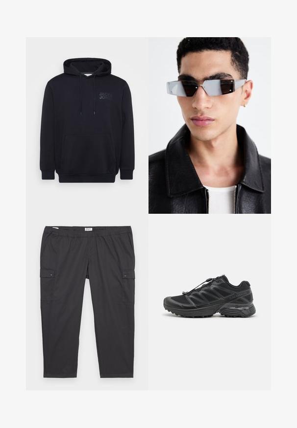 Felpa nera con cappuccio realizzata in misto cotone, dotata di tasca a marsupio frontale, cappuccio con cordino e un discreto design del logo sul petto.; Pantaloni cargo neri con vita elasticizzata, tasche laterali e dettagli con bottoni a pressione. Realizzati in tessuto leggero e liscio.; Scarpa da corsa nera con tomaia in mesh e sintetico, suola flessibile e lacci elastici. Presenta una soletta imbottita per il comfort.; Occhiali da sole angolari con tonalità grigia e hardware in argento, su uno sfondo chiaro. Le lenti presentano una forma geometrica unica.