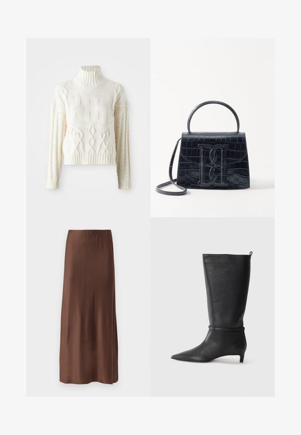 Pleteni kremasti pulover s visokim rebrastim ovratnikom, ki vsebuje teksturirane vzorce in detajle pletenice na rokavih in telesu. Kratek, prilegajoč stil.; Smeđa saten midi suknja glatke teksture, s ravnim krojem i bez vidljivih uzoraka ili ukrasa. Jednostavan i elegantan dizajn.; Crne kožne čizme visine do koljena s izduženim prstima, ukrašene okruglom trakom oko gležnja i niskom, suženom petom. Glatka tekstura.; Crna torba od krokodilne kože s uzorkom, strukturiranog dizajna, gornjom ručkom, podesivom trakom i istaknutim logotipom sprijeda.
