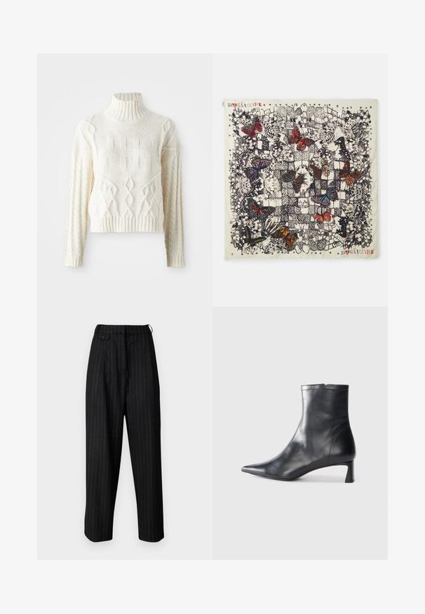 Knitted cream sweater with a high ribbed collar, featuring textured patterns and cable knit detailing on the sleeves and body. Short, fitted style.; Black, high-waisted trousers with white pinstripes, featuring pleats, a button closure, and a relaxed fit. Made from smooth material.; Black leather ankle boot with a pointed toe and a sleek design. Features a low heel and a zipper closure at the back. Smooth texture.; Square silk scarf featuring detailed butterfly illustrations in various colors on a light background, with black outlines and decorative patterns.