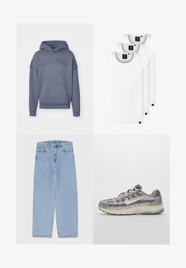 Felpa con cappuccio di un blu tenue, realizzata in tessuto morbido, con logo ricamato "Alpha Industries" sul petto e polsini e orlo a coste.; Tre canotte bianche a coste in cotone. Presentano un colletto rotondo e piccole etichette nere vicino all'orlo. Disponibile in diverse taglie.; Jeans in denim azzurro chiaro con design a gamba dritta, caratterizzati da una vita media, cinque tasche e chiusura con bottone e zip.; Scarpa sportiva grigia con tomaia in mesh e suede, dettagli bianchi, suola ammortizzata e un design distintivo con elementi riflettenti.