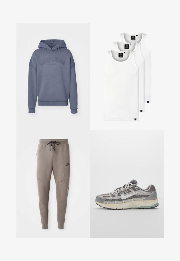 Felpa con cappuccio di un blu tenue, realizzata in tessuto morbido, con logo ricamato "Alpha Industries" sul petto e polsini e orlo a coste.; Tre canotte bianche a coste in cotone. Presentano un colletto rotondo e piccole etichette nere vicino all'orlo. Disponibile in diverse taglie.; Pantaloni sportivi Nike grigi con cintura regolabile, gambe affusolate, tasche laterali e dettagli di cucitura distintivi. Tessuto morbido e texture.; Scarpa sportiva grigia con tomaia in mesh e suede, dettagli bianchi, suola ammortizzata e un design distintivo con elementi riflettenti.