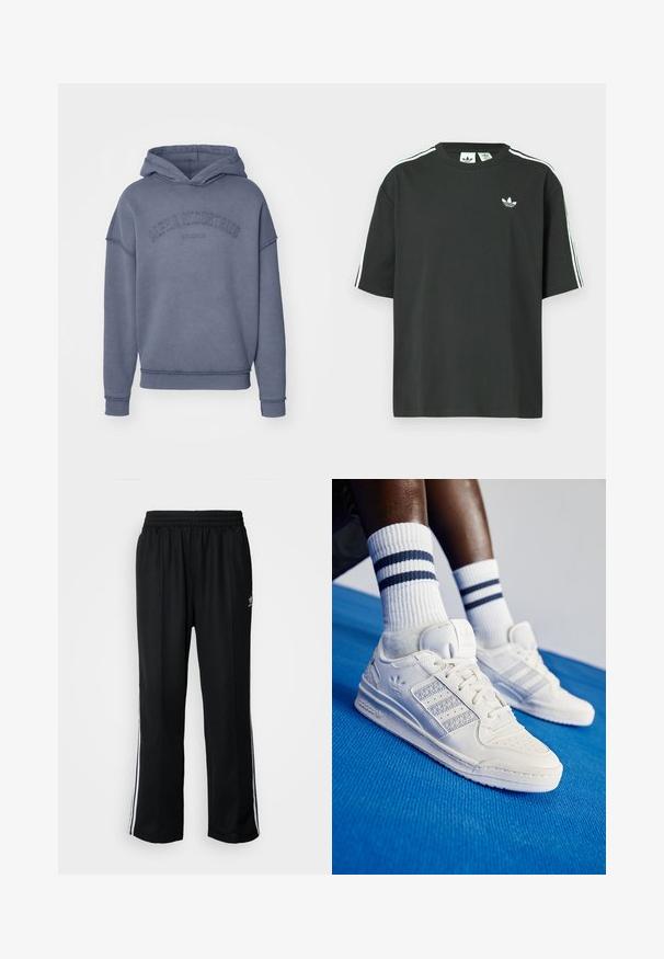 Felpa con cappuccio di un blu tenue, realizzata in tessuto morbido, con logo ricamato "Alpha Industries" sul petto e polsini e orlo a coste.; Maglietta nera in cotone con maniche corte, scollo rotondo e dettagli bianchi a tre strisce sulle spalle. Presenta un piccolo logo bianco sul petto.; Pantaloni da allenamento neri con elastico in vita, dotati di bande laterali bianche e un piccolo logo. Il materiale sembra morbido e leggero.; Sneaker bianchi in pelle con dettagli perforati, tre strisce metalliche e un pannello laterale testurizzato. Indossati con calzini bianchi con strisce blu.