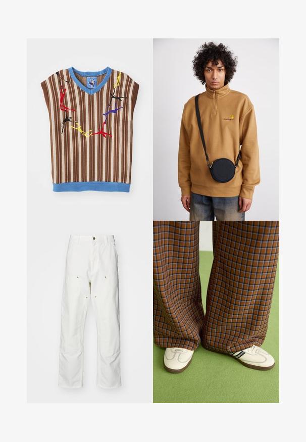 Adīta pārmērīga brūna un pelēka svītraina blūze ar zilu apkakli, uz kuras priekšpuses izšūti krāsaini abstrakti attēli.; Baltas kokvilnas kargo bikses ar brīvu piegriezumu. Iezīmes ietver priekšējās kabatas, zeltītas detaļas un pastiprinātas ceļa daļas.; Brūni un zili rūtaini platās kājas bikses, kas savienotas ar baltām kurpēm ar melniem akcentiem un teksturētām zolēm, uz zaļa fona.; Bruzs brīvajā stilā ar apdrukātu logo, ar melnu apaļu plecu somu ar rāvējslēdzēju un logo detaļām, valkāts virs džinsiem.