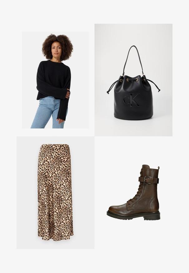 Czarny sweter dzianinowy o teksturowanej tkaninie, luźny krój i szerokie rękawy, w połączeniu z jasnoniebieskimi dżinsami.; Długa spódnica w deseń panterkowy, wykonana z gładkiej tkaniny. Beżowa baza z czarnymi i brązowymi plamkami. Rozszerzany krój z prostym dołem.; Brązowy skórzany botek za kostkę na sznurowanie z boczną klamrą, okrągłym noskiem, ruggedową podeszwą i detalami szycia, które dodają tekstury.; Czarna skórzana torba typu bucket z zaciąganym zamknięciem, z błyszczącym logo "CK" z przodu i złotymi akcentami.
