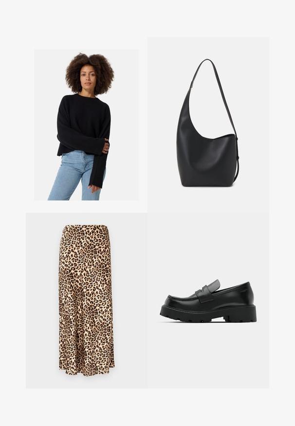 Czarny sweter dzianinowy o teksturowanej tkaninie, luźny krój i szerokie rękawy, w połączeniu z jasnoniebieskimi dżinsami.; Długa spódnica w deseń panterkowy, wykonana z gładkiej tkaniny. Beżowa baza z czarnymi i brązowymi plamkami. Rozszerzany krój z prostym dołem.; Czarne skórzane loafersy z masywną, teksturowaną podeszwą, z paskiem na wierzchu i gładkim, wypolerowanym wykończeniem.; Czarna skórzana torba hobo o gładkiej fakturze, zaokrąglonym kształcie i pojedynczym, regulowanym pasku; posiada szerokie otwarcie na górze.