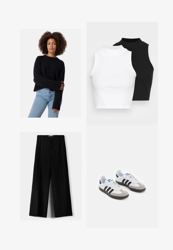 Černý pletený svetr s texturovanou tkaninou, volný střih a široké rukávy, doplněný o světle modré džíny.; Dvě bezrukávové halenky s ribovým stojáčkem v černé a bílé barvě, které mají přiléhavý střih a hladkou texturu, s krácenou délkou.; Černé široké kalhoty z lehkého materiálu s předním zapínáním na knoflík a hladkým předním dílem, s pečlivě přišitými lemy.; Sportovní boty s bílým koženým svrškem, šedou semišovou špičkou a třemi černými pruhy. Obsahují modré logo na jazyku a texturovanou gumovou podrážku.