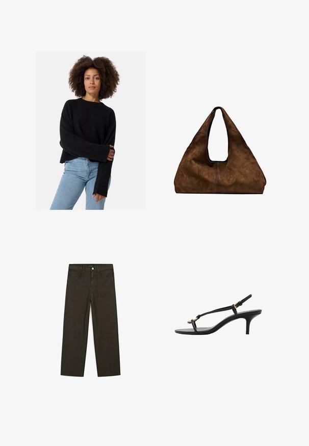 Czarny sweter dzianinowy o teksturowanej tkaninie, luźny krój i szerokie rękawy, w połączeniu z jasnoniebieskimi dżinsami.; Ciemnozielone spodnie dżinsowe typu wide-leg wykonane z mieszanki bawełny, z zamkiem na guzik z przodu, pięcioma kieszeniami i klasycznym przeszyciem dżinsowym.; Czarne skórzane sandały na koturnie z cienkimi paskami, złotą klamrą i minimalistycznym pętelką na palce na białym tle.; Brązowa zamszowa torba na ramię z otwartą górą. Posiada głęboką, szeroką konstrukcję, uchwyt wycięty oraz minimalne przeszycia dla czystego designu.