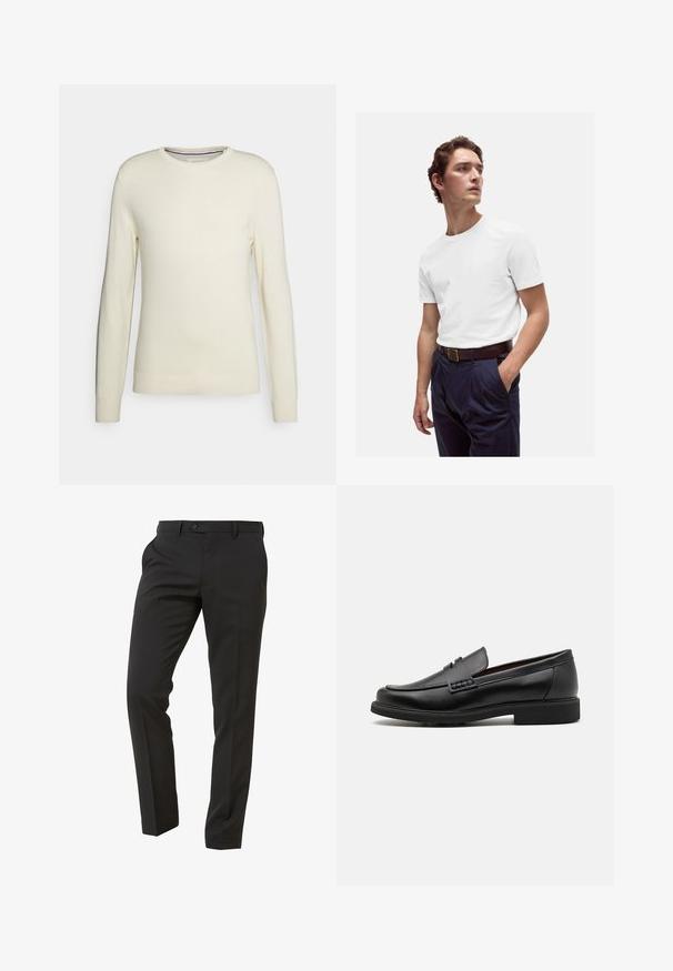 Maglione color crema con scollo rotondo, maniche lunghe, polsini e orlo a coste. Realizzato in morbido tessuto a maglia senza motivi o decorazioni.; T-shirt bianca in cotone con scollo rotondo, indossata con pantaloni plissettati blu navy e una cintura in pelle marrone con fibbia dorata.; Next Trousers - Suit Trousers Slim Fit - Pantaloni eleganti - mottled black; Mocassini sintetici neri con una spessa cucitura frontale, soletta imbottita e suola piatta in gomma; design elegante con dettagli minimi.