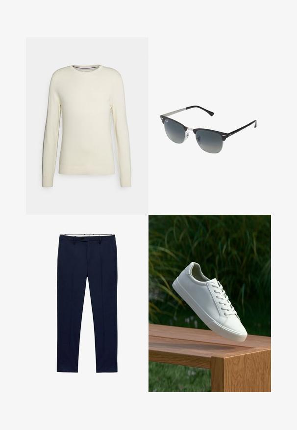 Crème-kleurig, trui met ronde hals, lange mouwen, ribgebreide manchetten en onderrand. Gemaakt van zachte brei-stof zonder patronen of versieringen.; Marineblauwe broek met een slim fit en een streepdessin. Beschikt over een ritssluiting, ceintuurlussen en zijzakken. Soepele stofstructuur.; Witte vetersneaker die boven een houten bank zweeft met groene bladeren op de achtergrond, waarbij het ontwerp en de textuur van de schoen worden getoond.; Zwarte en zilveren zonnebril met een cat-eye vorm, gradient lenzen en metalen accenten op het montuur. Plastic armen met grijze punten.