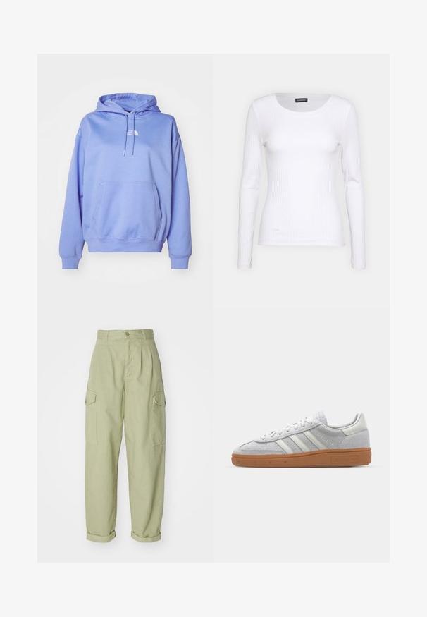 Svetlo vijoličasta kapuca iz blagih tkanin, z sprednjim žepom, rebrastimi manšetami in majhnim logotipom na prsih.; Bela rebrasta majica z dolgimi rokavi in okruglim izrezom. Narejena iz elastičnega materiala, ki se prilega telesu. Značilen je diskreten horizontalni potisk.; Svetlozeleni cargo hlače iz bombažnega blaga. Imajo visok pas, zavihane manšete in dva stranska cargo žepa za dodatno uporabnost.; Svjetlo sivi suedesni sportski cipeli s bijelim kožnim naglascima, tri bijele pruge i smeđi gumeni potplat, s podstavljenim ovratnikom za udobnost.