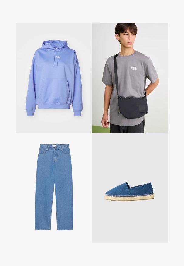 Sweatshirt com capuz de cor lilás claro, feito de tecido suave, com um bolso frontal, punhos canelados e um pequeno logótipo no peito.; Jeans de denim azul claro com corte reto, design de cinco bolsos, fecho com um único botão e detalhes de costura subtil nas costuras.; Espadrilha de lona azul com bico fechado, sola de juta e borda cosida. Textura de tecido suave e design de perfil baixo.; Saco crossbody preto em nylon com alça ajustável, apresentando um fecho por cordão e detalhe de logotipo em relevo. Usado sobre uma t-shirt cinza.