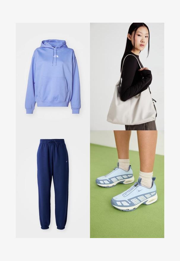 Šviesiai violetinė gobtuvinė palaidinė, pagaminta iš minkštos medžiagos, turinti priekinę kišenę, pynimo rankogalius ir mažą logotipą ant krūtinės.; Tamsiai mėlynos sportinės kelnės, pagamintos iš minkštos medžiagos, su elastingu juosmeniu ir raišteliu, elastinėmis rankovėmis ir mažuoju baltu logotipu.; Šviesiai mėlynos sportinės batuokai su baltais akcentais, tekstūruotais paneliais ir užtrauktuku. Yra matoma oro amortizavimo padas ir guminis padas.; Bežinė rankinė, pagaminta iš minkštos medžiagos, turinti laisvą dizainą, siuvinėtas detalės ir dvi petnešos. Tinkama kasdieniam naudojimui.