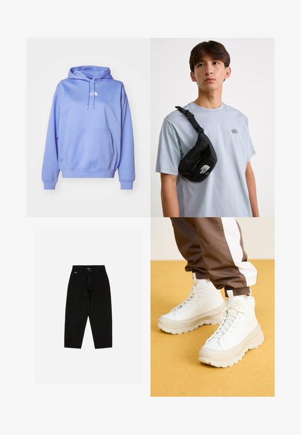 Sweatshirt cu glugă de culoare violet deschis, realizat dintr-un material moale, având un buzunar frontal, manșete ribbate și un mic logo pe piept.; Blugi negri din denim cu talie înaltă, design cu picior drept și un logo discret pe buzunarul din față. Prezintă un stil clasic cu cinci buzunare.; Tenisi albi înălțați cu o talpă groasă și texturată, având un superior neted, vârf rotund și șireturi tonale, plasati pe un fundal galben.; Geantă de umăr din nailon negru, cu bretea ajustabilă, având un logo alb proeminent. Purtați peste un tricou bleu deschis. Design simplu și funcțional.