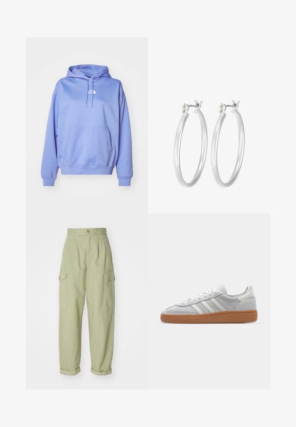 Gaiši violetas kapuces džemperis, izgatavots no mīkstas auduma, ar priekšējo kabatu, ribotām piedurknēm un mazu logo uz krūtīm.; Gaiši zaļas kravas bikses, izgatavotas no kokvilnas auduma. Tām ir augsts jostasvieta, sarullētas malas un divi sānu kravas kabatas papildu praktiskumam.; Gai pelēki zamšīgās kedas ar baltām ādas detaļām, trim baltām līnijām un brūnu gumijas zoli, ar mīkstinātu apkakli komforta nodrošināšanai.; Sudraba riņķveida auss gredzeni ar gludu, pulētu apdari. Apaļa forma un drošs klikšķa augšējais slēgums. Viegls dizains, kas piemērots ikdienas valkāšanai.