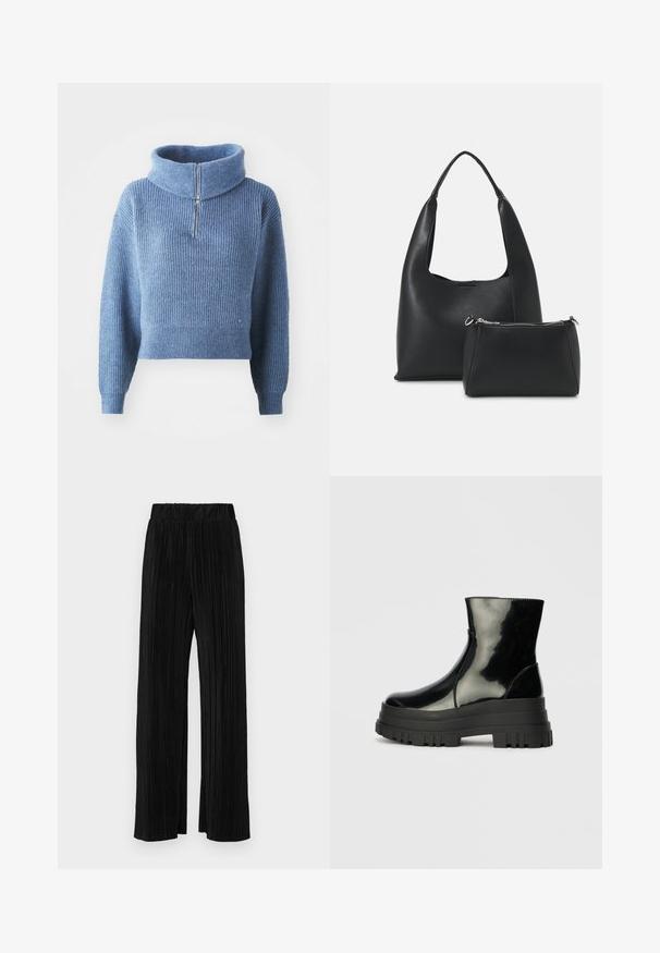 Sininen neulepaita korkealla kauluksella ja puolivetoketjulla. Sisältää ribbikuvion, pitkät hihat ja lyhyen muotoilun.; Mustat pleatatut housut, joissa on joustava vyötärö. Ominaisuuksiin kuuluvat leveät lahkeet ja sileä, teksturoitu kangas, jossa on pystysuoria raitoja.; Musta kiiltävä nilkkuri paksulla karkealla pohjalla ja pyöristetyllä kärjellä, sivukuva vaaleanharmaalla yksinkertaisella taustalla.; Even&Odd Käsilaukku - black